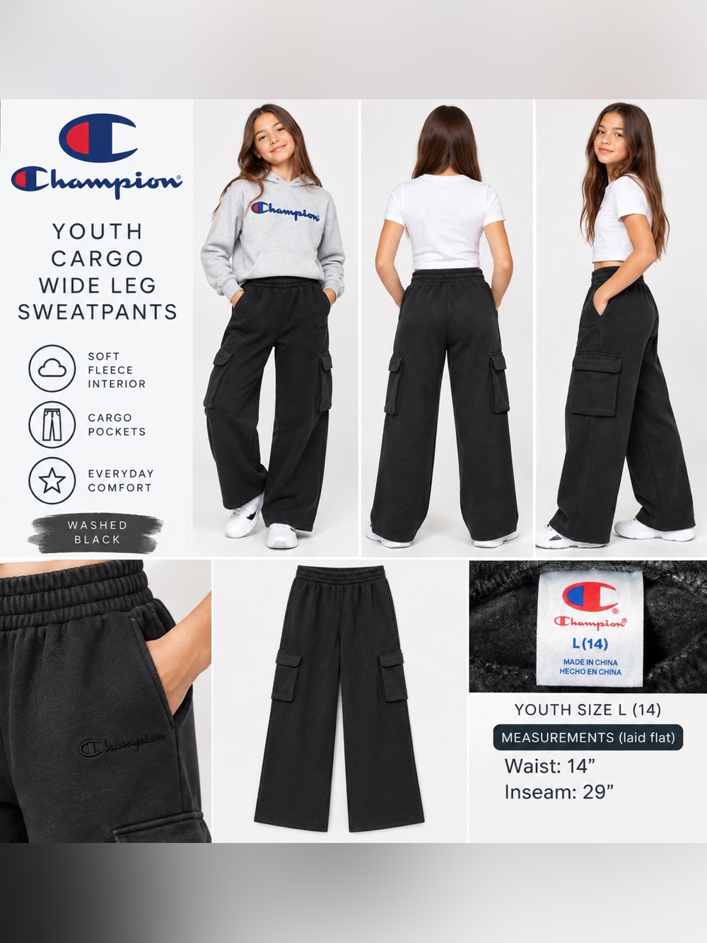Champion Youth L 14 Washed Black Cargo Wide Leg Sweatpants NWT